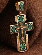 Крест из золота 585 пробы c эмалью и хризопразом