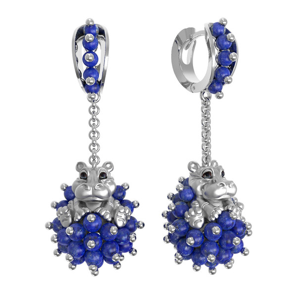 Серьги из белого золота c эмаль и лазуритом