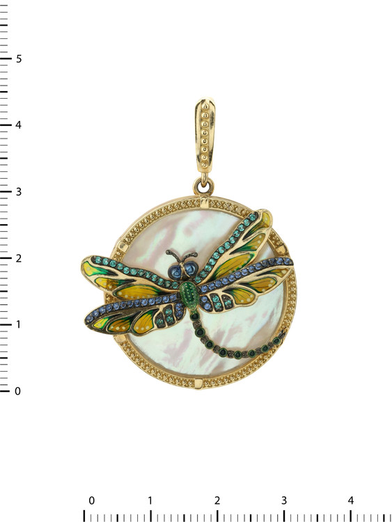 Подвеска из лимонного золота c сапфиром, изумрудом, эмалью и перламутром