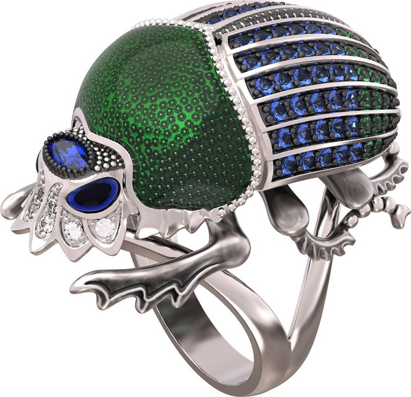 Кольцо из белого золота c эмаль , фианитом и сапфиром