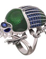 Кольцо из белого золота 585 пробы c эмалью, фианитом и сапфиром