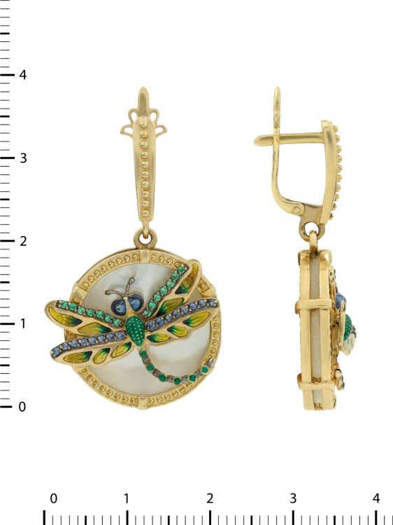 Серьги из лимонного золота c сапфиром, изумрудом, эмалью и перламутром