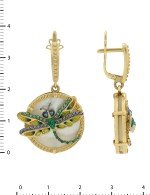 Серьги из лимонного золота 585 пробы c сапфиром, изумрудом, эмалью и перламутром