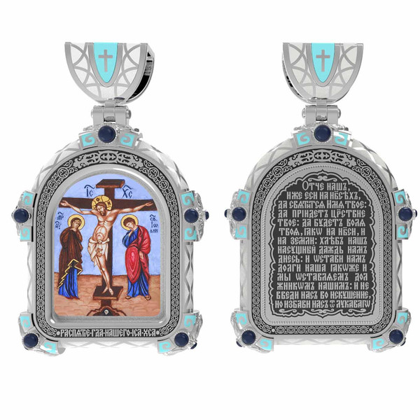 Образок из белого золота c эмаль , иконописью и темперой
