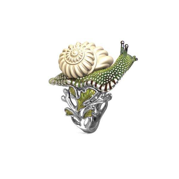 Кольцо из белого золота c эмаль и бивнем мамонта