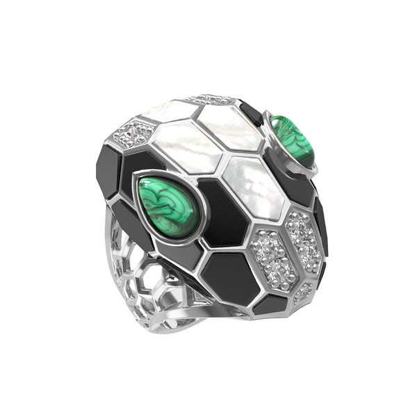 Кольцо из белого золота c бриллиантами, рубином, ониксом, малахитом и перламутром