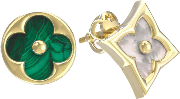Серьги из лимонного золота c малахитом и перламутром